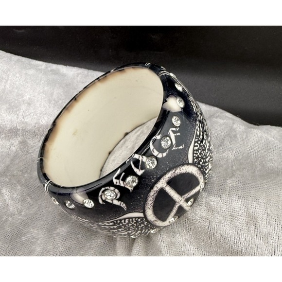 The Unbranded Brand Jewelry - Chunky Bangle Cuff Bracelet Black White Angel Wings Peace Rhinestone 8.5"